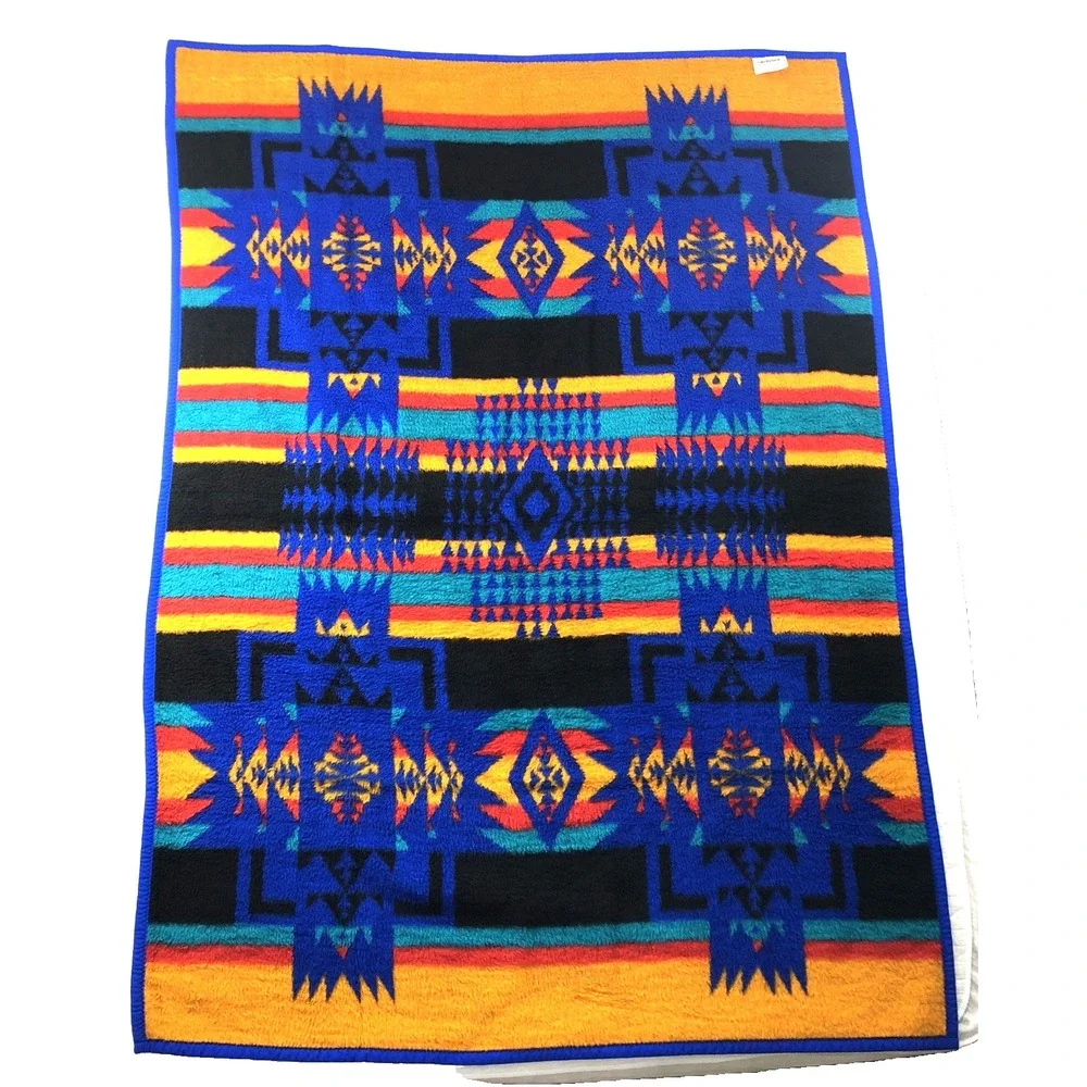 Vintage Biederlack Blanket Blue Gold Aztec Southwestern Geometric‎ Appox 52x72